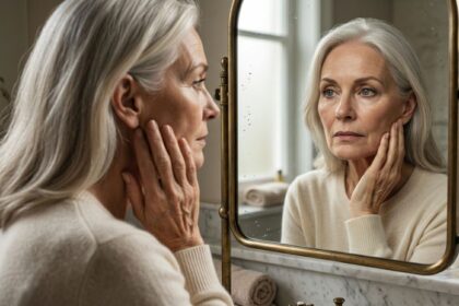 vrouw kijkt in spiegel naar gezicht